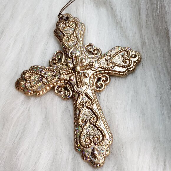 Golden Cross Ornament with Holo Iridescent Sparkles - Picture 4 of 8